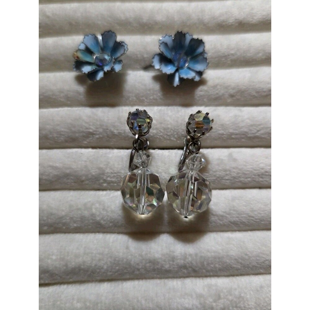 2 pair vintage screwback earring lot With AB Crystals And Enamel Flowers